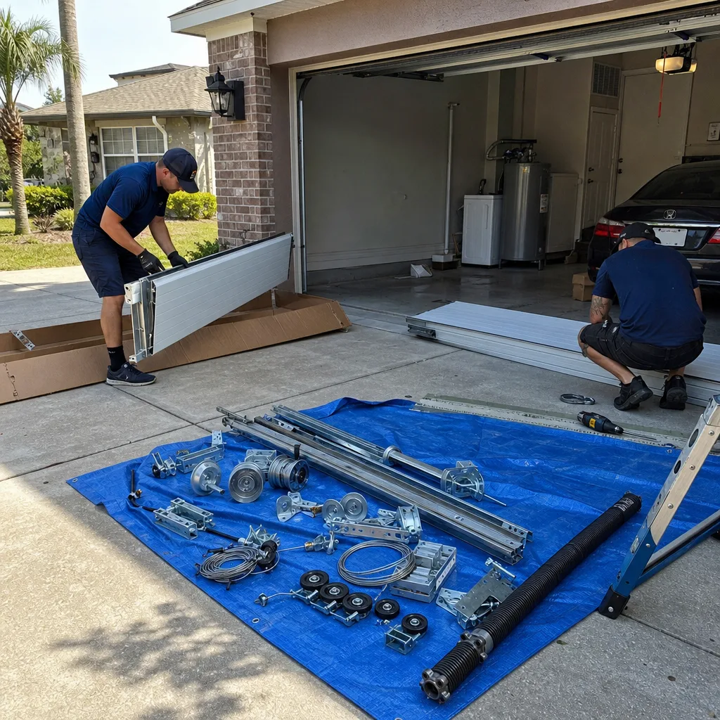 Two professional technicians performing a residential garage door installation on a driveway. in Tampa, FL