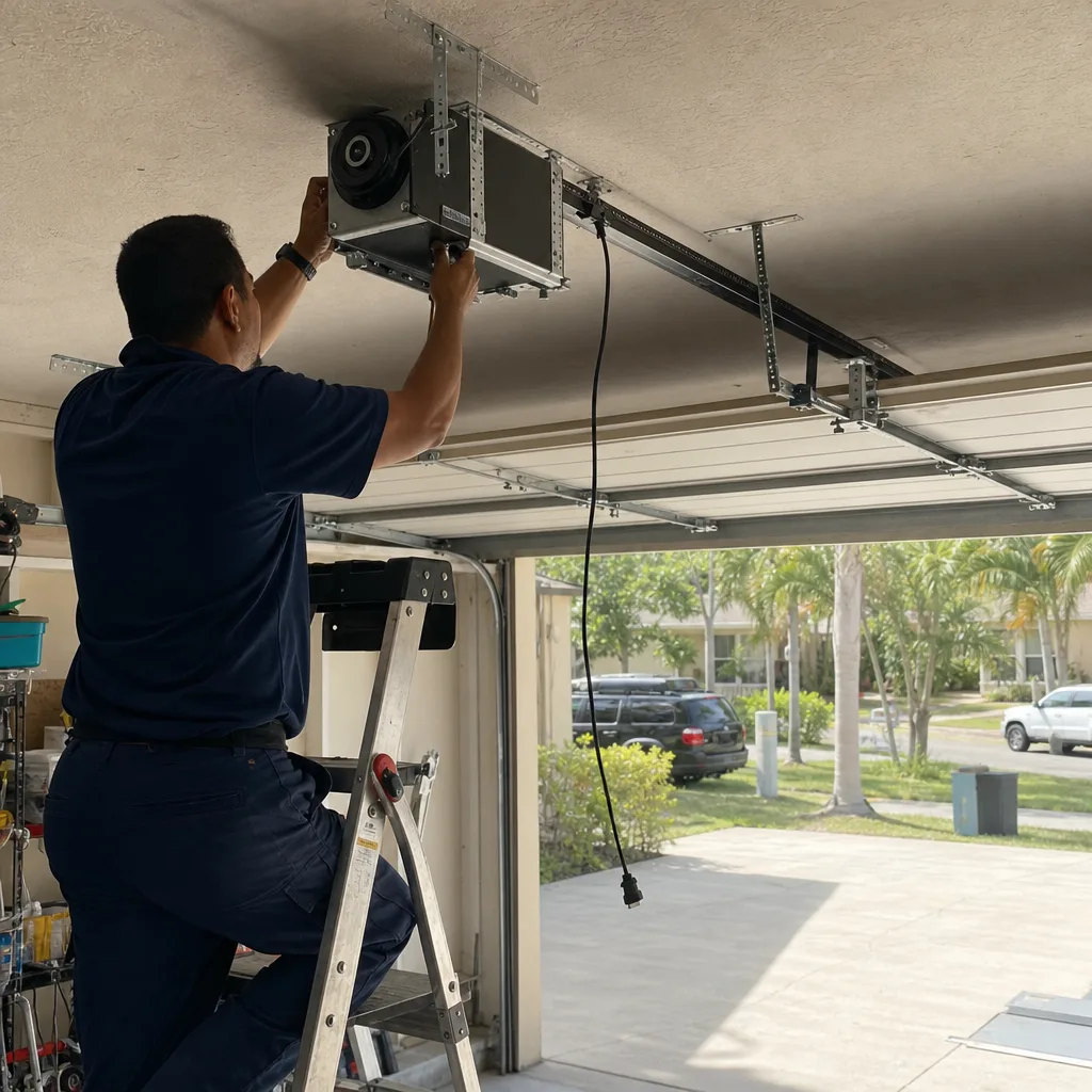 Professional technician repairing a residential garage door opener motor. nationwide